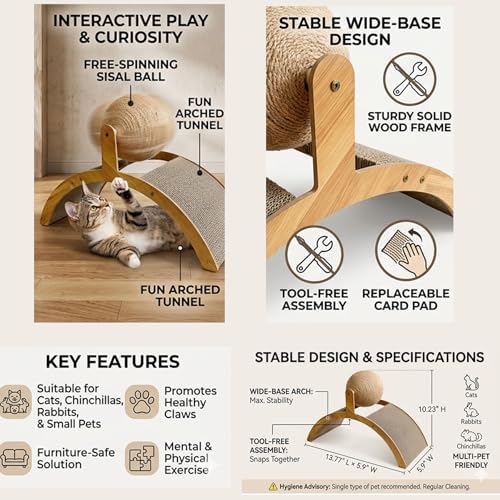 2-in-1 Rabbit Scratching Toy - Natural Sisal Ball & Corrugated Cardboard Pad Bunny Claw Scratcher, Stable Wood Arch Bridge Interactive Toys for Rabbits, Kittens, Ferrets, Chinchillas