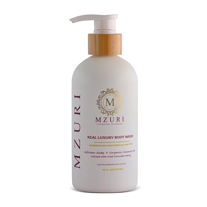 MZURI Body Wash, African Black Soap, Organic Coconut Oil, & Wild Coronado Cherry, Moisturizing, Hydrating, & Gentle Formula for Dry, Sensitive Skin, Shea Butter Luxury Body Wash - 16 Fl. Oz