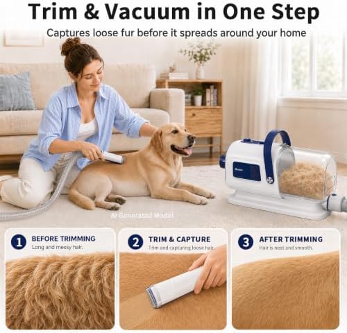 Buenkee Dog Grooming Vacuum & Blow Dryer Kit, Pet Clipper, 15000Pa Suction | 3-in-1 Pet Care, Removes Loose Fur, Styles Coats & Dries After Baths, Adjustable Heat & Airflow, 1.7L Dust Cup for Easy Clean