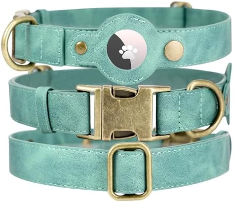 Airtag Dog Collar, PU Leather Collar w Airtag Holder for Large Dogs(Green)