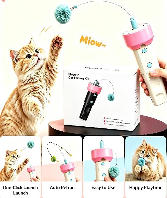 Electric Cat Toy Interactive Teaser - Tpye-C Charging Entertainment Toy for Kitten, One-Click Pop Out & Auto Retractable Cat Wand Toy with Soft Balls, Kitten Teaser Toys for Indoor Cats (White)