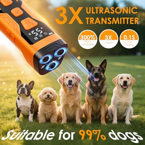 Anti Barking Device for Dogs, 3X Ultrasonic Dog Bark Deterrent Devices, 4 Frequencies 5 Training Modes 65ft Safer Alternatives to Bark Collars, Portable Design with Display for All Dogs (Orange)