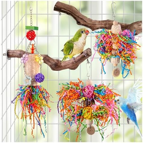 Bird Toys, Parakeet Foraging Toys, Hanging Chewing Toys with Natural Wooden Perches, Bird Cage Accessories, Suitable for Parakeets, Cockatiels, Budgies, Lovebirds & More