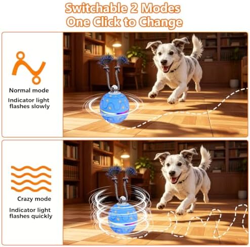 Interactive Dog Ball Toy with 2 Rope, Automatic Rolling & Bouncing Smart Dog Toy with Bird Chirping Sound and LED Light, Soft ETPU Chew-Safe Material, USB Rechargeable, for Medium & Large Dogs