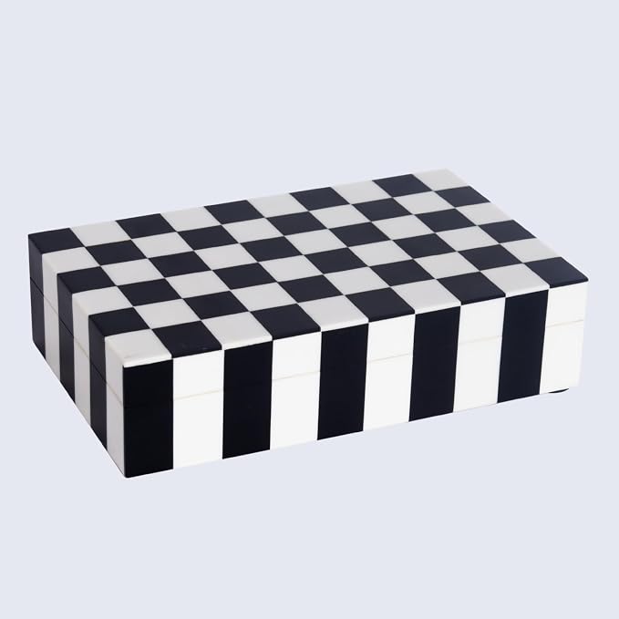 Handicrafts Home Small Decorative Storage Box with Lid, Black and White Keepsake Box, Decorative Trinket Box for Jewelry, Desk Organizer, Coffee Table & Shelf Decor, Puzzle Check - 8 x 5 x 2 Inch