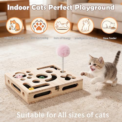 Cat Nail File Enrichment Box, Wood Puzzle Scratcher Toy with Sandpaper