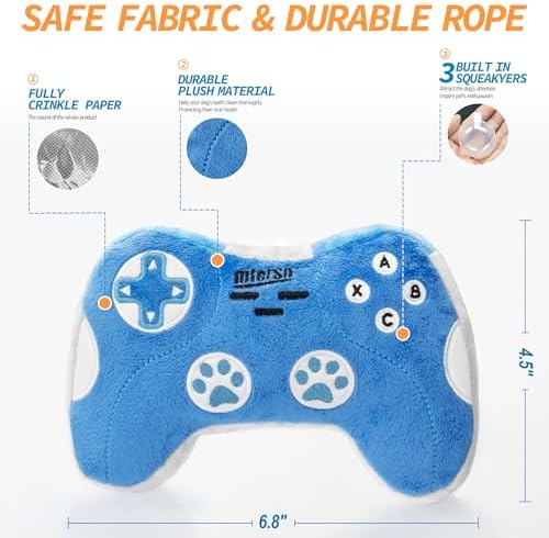 MTERSN Cute Squeaky Dog Toys, Game Controller Plush Toy, Playtime, Blue