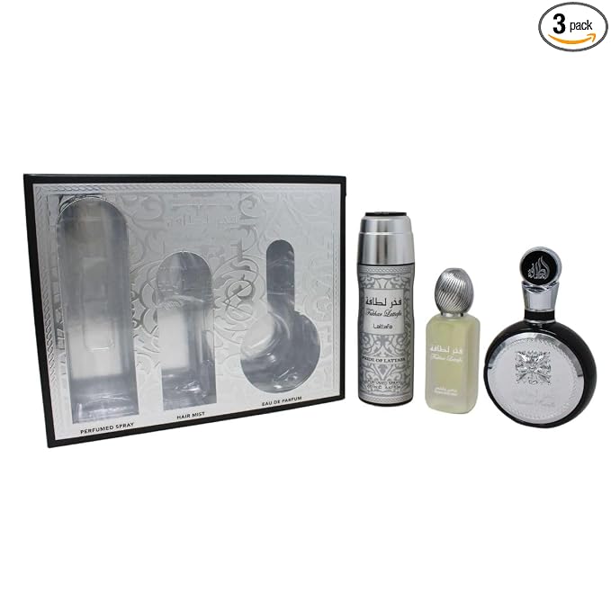 Lattafa Fakhar for Men 3 Piece Set (3.4 Oz Eau de Parfum Spray + 1.7 Oz Hair Mist + 6.7 Oz Deodorant Spray)