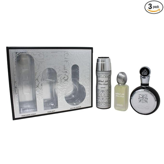 Lattafa Fakhar for Men 3 Piece Set (3.4 Oz Eau de Parfum Spray + 1.7 Oz Hair Mist + 6.7 Oz Deodorant Spray)