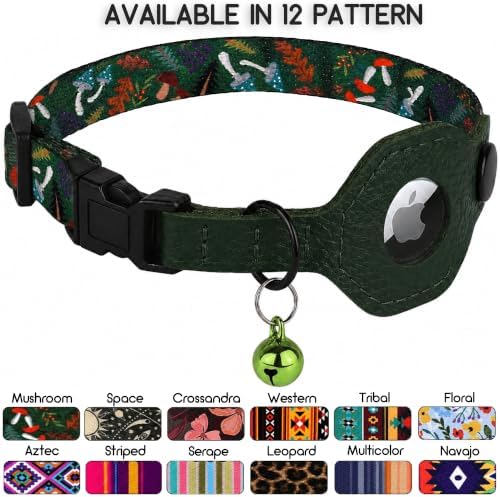 Breakaway Cat Collar with Leather AirTag Holder & Bell - Apple Air Tag Cat Collars for Girls & Boys, Lightweight Anti-Lost GPS Tracker Design, Printed Pattern - Safety and Adjustable (Mushroom)