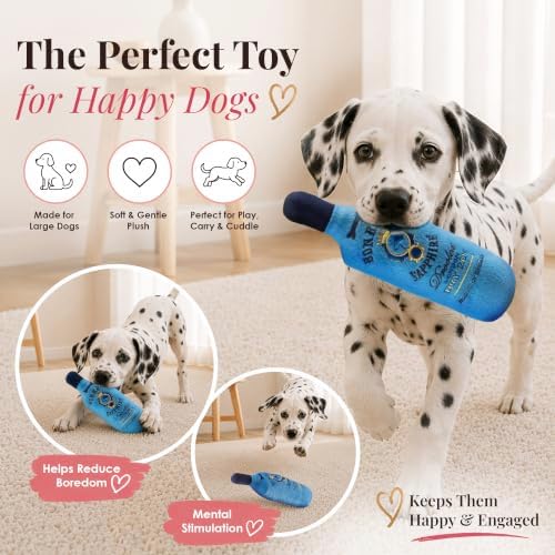 Dog Diggin Designs Bonebay Sapphire Plush Dog Toy Gin Bottle | Luxury-Inspired Parody Gin Bottle Dog Toy with Squeaker, Soft Plush Novelty Dog Toy – Shaken, Not Stirred!