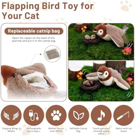 Esoes Cat Toys Flapping Bird (No Flying), Rechargeable Interactive Chirping Bird Cat Toy, Interactive Cat Exercise Toys for All Breeds Cat Kicker Catnip Toys