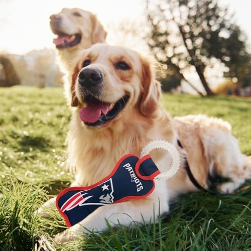 Pets First NFL New England Patriots Dental Dog TUG Toy with Squeaker. Tough PET Toy for Healthy Fun, Teething & Cleaning Pet's Teeth & Gum.