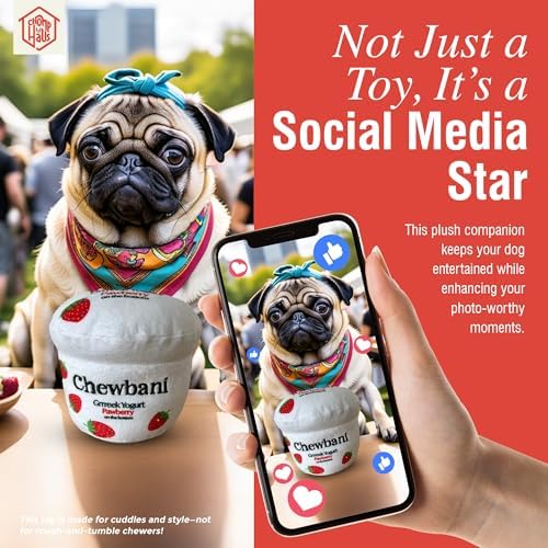 Chewbani Grrreek Yogurt – Luxurious Parody Plush Dog Toy with Squeaker, Premium Fabric, Embroidered Details, Designer-Inspired Chew Toy, Fun Gift for Small Dogs & Dog Lovers