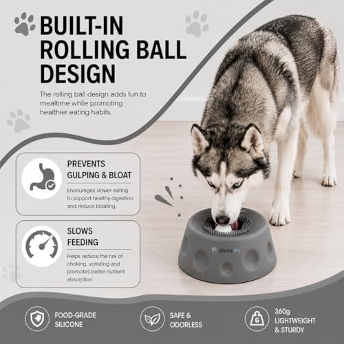 SAVAN IPA Slow Feeder Dog Bowls for Liquid with Rolling Ball, Interactive Lick Bowl Anti-Slip Slow Feeder for Wet Food, Water & Treats Lick Toy for Dogs Cats Large Medium Small (Gray)
