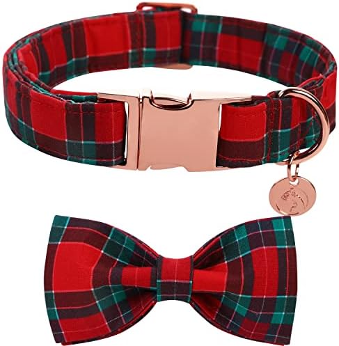 DOGWONG Christmas Dog Collar with Bow tie, Red Plaid Dog Collar Soft Durable Adjustable Cotton Red Green Tartan Puppy Collar for Small Medium Large Dog