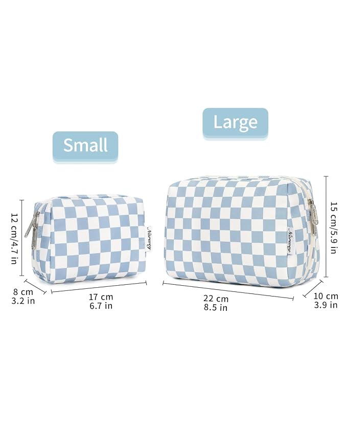 Narwey Small Checkered Makeup Bag for Purse Mini Cosmetic Bag Travel Makeup Pouch Zipper Pouch Cute Make up Bags with Compartments for Women Girls (Small, Sky Blue Checkerboard)