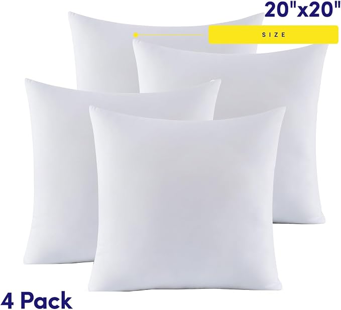 20X20 Pillow Inserts - Throw Pillow Set - Cushion Inserts for Decorative Throw Pillows Covers - Soft & Supportive Pillows for Couch, Sofa, Bed, or Chair, 4 Pack - 20" x 20"