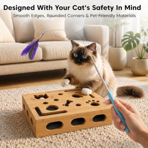 Bamboo Cat Scratch Puzzle Enrichment Box, Interactive Cat Nail File Box with Sandpaper, 3 Bell Balls & Teaser Wand, Durable Eco-Friendly Scratcher Toy for Indoor Cats, Stress-Free Nail Filing