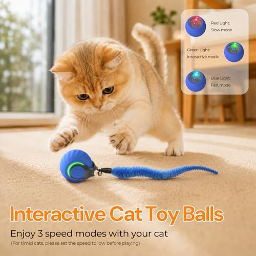 Interactive Cat Toys with Bird Sounds & 3 Speed Modes for Indoor Cats Play | Bird Sounds, 3 Speed Modes, 3 Tails, Rechargeable Automatic Rolling, Fast Charging Ball, For Indoor Cats on Hard Floor Carpet