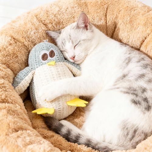 Cat Chew Toy, Soft Penguin Plush with Yellow Feet, Durable Teething Toy for Kittens and Adult Cats, Boredom Relief