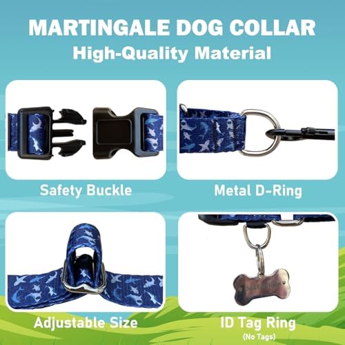 Martingale Collar for Dogs with Buckle Shark Dog Collar Adjustable Soft Nylon Boy Dog Collars for Extra Large Dogs, Deep Blue Shark