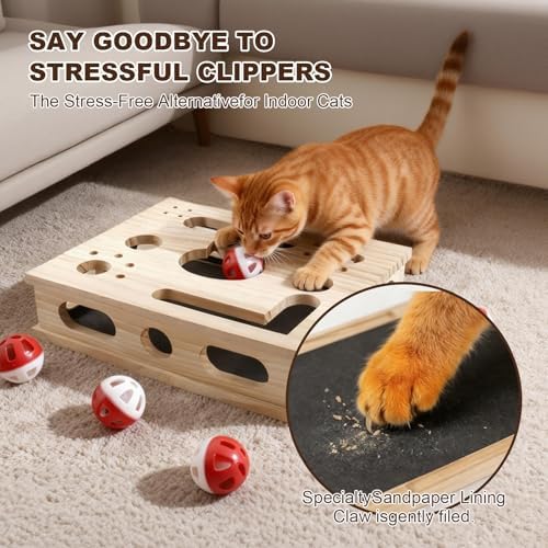 2026 New Model Cat Nail File Enrichment Box Cat Nail File Box with Sandpaper Stress-Free Alternative to Trimming Nails, Cat Toys Interactive for Indoor Cats Nail Scratcher（Natural Wood）