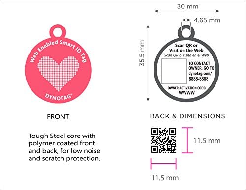 Dynotag® Web Enabled Super Pet ID Smart Tag with DynoIQ™ & Lifetime Recovery Service. Play Series: Round (Pink Heart)