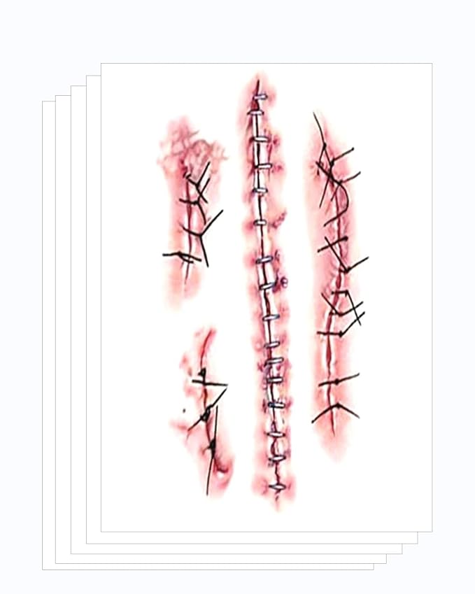 Horror Realistic Fake Bloody Wound Stitch Scar Scab Waterproof Temporary Tattoo Sticker Halloween Masquerade Prank Makeup Props (5 Sheets Stiching)