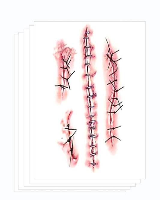 Horror Realistic Fake Bloody Wound Stitch Scar Scab Waterproof Temporary Tattoo Sticker Halloween Masquerade Prank Makeup Props (5 Sheets Stiching)