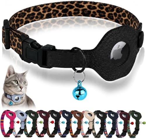 Breakaway Cat Collar with Leather AirTag Holder & Bell - Apple Air Tag Cat Collars for Girls & Boys, Lightweight Anti-Lost GPS Tracker Design, Printed Pattern - Safety and Adjustable (Leopard)