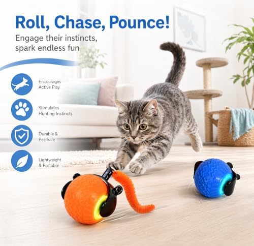 Tri-San Smart Automatic Interactive Cat Toy Ball, Rechargeable LED Moving Kitten Toy with Detachable Teaser Tail for Indoor Cat Hunting Exercise