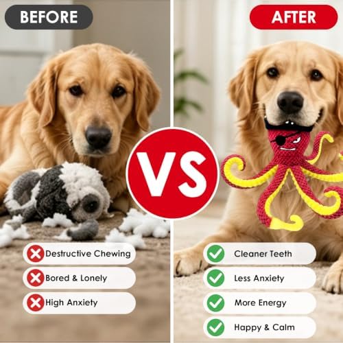 MAXBECK Interactive Octopus Dog Toy, Plush Dog Toy with Crinkle Paper & Squeaker, Tug of War Dog Toy for Small Medium Large Dogs, Soft Dog Chew Toy for Indoor Play, Puppy Training (I-Octopus-Red)