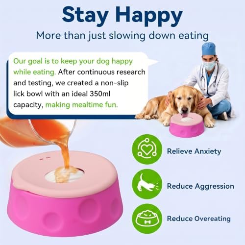 Dog Lick Bowl Ball Slow Feeder, Licking Bowl for Liquid Treat with Rolling Spin Sphere Roller Licker, Licky Feed Calming Anxiety Relief Enrichment Yogurt (Pink)