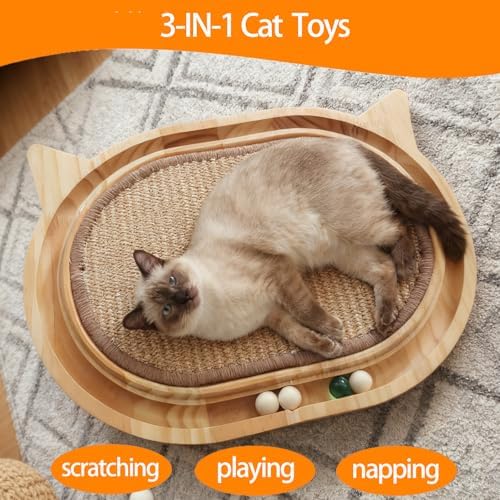 Sisal Cat Scratcher Toy with Ball Track,Wooden Interactive Cat Toy,Cats Scratch Pad for Indoor Cat, Physical Exercise for Kitty and Medium Cat