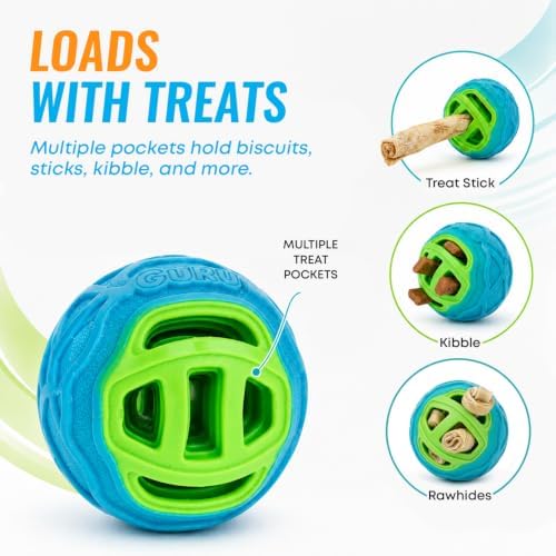 GURU Pet: Pocket Ball - Medium - Blue & Green Dog Toy, Interactive Bone & Treat Holder Ball, 3.7" Durable Chew, Squeaks-Floats, Water Play-Fetch-Roll
