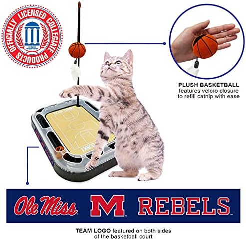 Cat Scratch Toy NCAA MISSISSIPPI Ole Miss Rebels REVERSIBLE Basketball Court Felt/Cardboard Cat Scratcher Toy. Interactive Cat Ball Bell. 6-in-1 CAT TOY: Cat Wand Poll CATNIP-FILLED Plush Basketball
