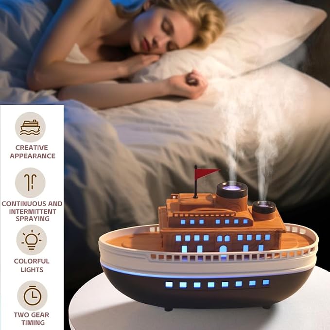 Wood-Look Cartoon Boat Ornament Oil Diffusers with 300ml Capacity for Large Rooms, Auto Shut-Off Dual-Hole Spraying Mist & 8-Hour Aromatherapy Humidifier, Type-C Port Connection for Bedroom Office