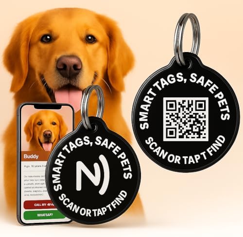 Smart Pet ID Tag with QR Code & NFC – Epoxy Coated Waterproof PVC – Scan or Tap to Access Pet Info – Universal Tag for Dogs & Cats – No App Needed – Update Profile Anytime (Black)