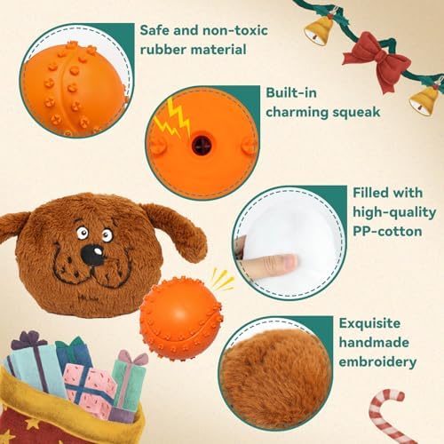 Enjoying Dog Interactive Toys 2-in-1 Dog Plush Squeaky Small Balls Pet Toys Halloween Xmas for Small Medium Large Dogs, Brown Monster