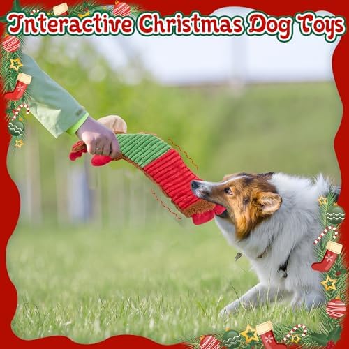 Christmas Squeaky Dog Toys with Crinkle Paper,No Stuffing Dog Toy for Large Dogs,Christmas Puppy Teething Toys to Keep Them Busy, Plush Interactive Long Lasting Chews for Aggressive Chewers