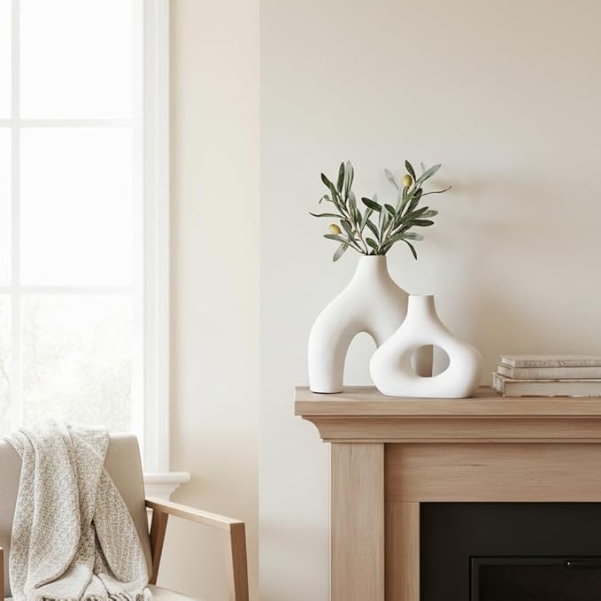 Carrot's Den Ceramic Modern Vase Set of 2, Donut Shelf Decor, Warm White | Matte pair for bookshelf and bookcase decor, mantel styling, or home staging. Holds dried stems and faux plants indoor.