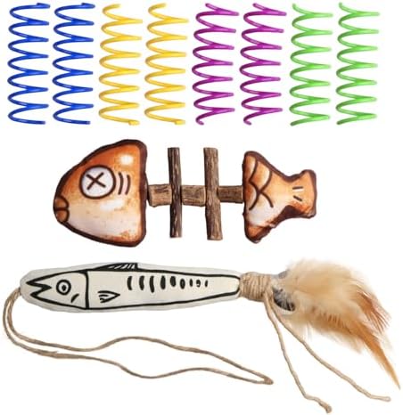 Cat Toys Set, Catnip Fish Toy, silvervine cat chew Stick, Colorful Spring cat Toys, Interactive cat Toys for Indoor Cats, Kitten Teething Toys, cat Enrichment Toys, cat Boredom Toys