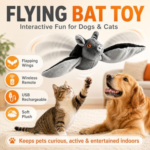 Flying Bat Dog Toy, Flying Bat Toy for Dogs & Cats with Flapping Wings and Chirping Sound, Motion-Activated Interactive Pet Toy for Hanging, Ground and Indoor Chase Play (1PC)