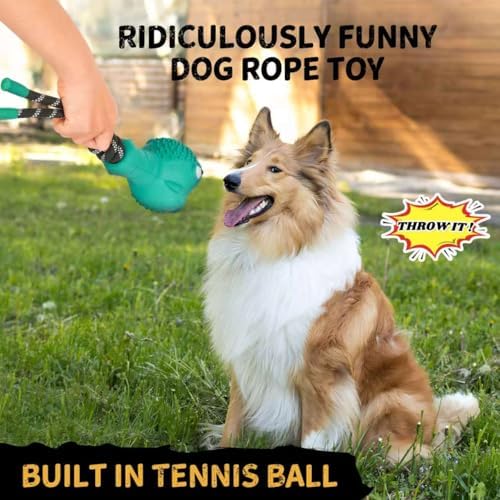 Pufferfish Shape Rubber Dog Toy with Detachable Squeaky Tennis Ball & Rope, Interactive Durable Chew Toys for Dogs, Safe Non-Toxic Material, Clean Teeth Design (Green)