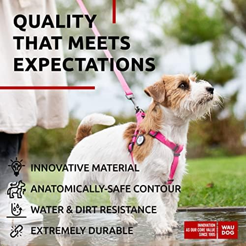 WAUDOG Waterproof Dog Harness - Adjustable, Heavy Duty with Durable Metal Clasp & QR Dog Tag - Modern Style for Medium Dogs - Pink, Size S: 16-22"