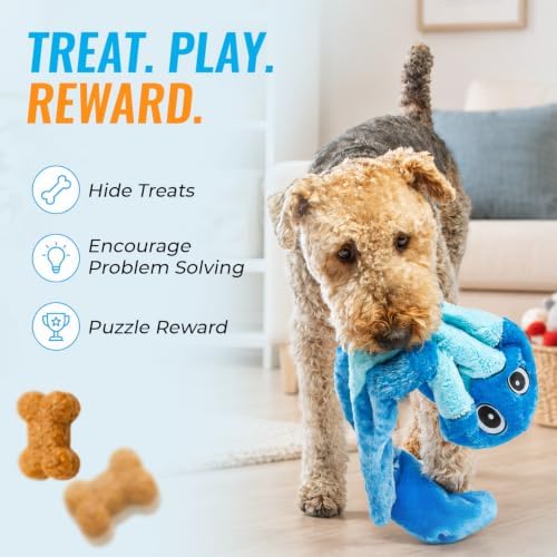 Guru Hide-A-Tail Blue Snake Plush Dog Toy - No Stuffing Interactive Puzzle Toy with Treat Pocket - Squeaky Crinkle Enrichment Toy for Tug and Fetch - Boredom Buster - XL All Breed Sizes