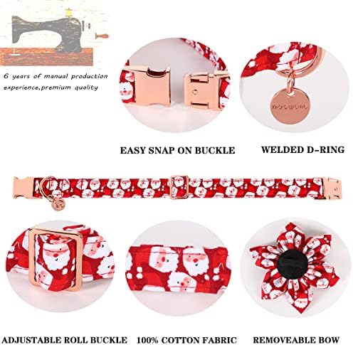 DOGWONG Christmas Dog Collar with Flower, Red Santa Claus Dog Collar Soft Durable Adjustable Cotton Puppy Collar for Small Medium Large Dog