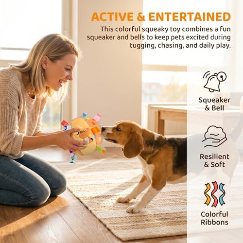 Colorful Squeaky Hanging Dog Training Toy, 6-Inch Squeaky Hanging Dog Toy, Soft Stuffed Ball with Cotton Material, Built-in Bell, Interactive Tug Chew Toy for Small Medium Dogs Indoor Play Fun (#E)