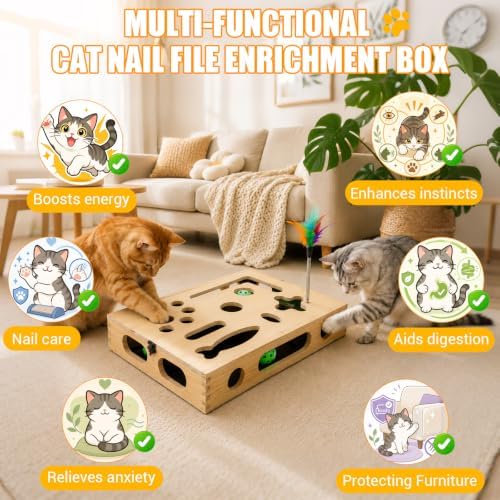 Large Cat Nail File Box, Sturdy Wood Cat Scratch Puzzle Box with Sandpaper